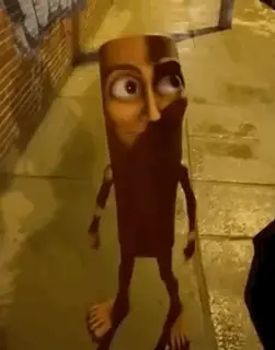 A cartoon character awkwardly walking away